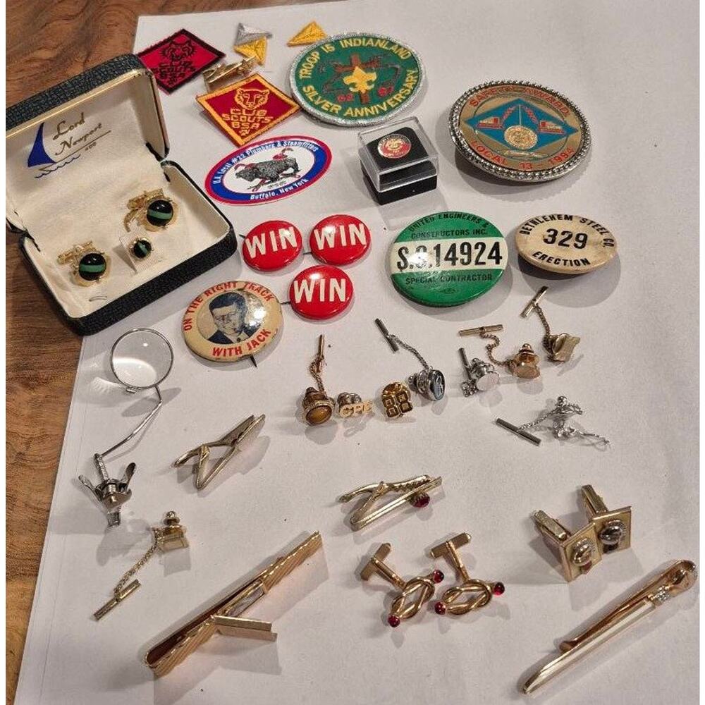 Vintage Cufflinks, Tie Clips, JFK & Ford Buttons, Boy Scout Badges, & more